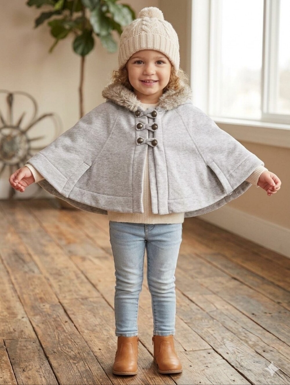 Max Studio Baby 3T Faux Fur Trim Fleece Hooded Cape Poncho Grey Like New